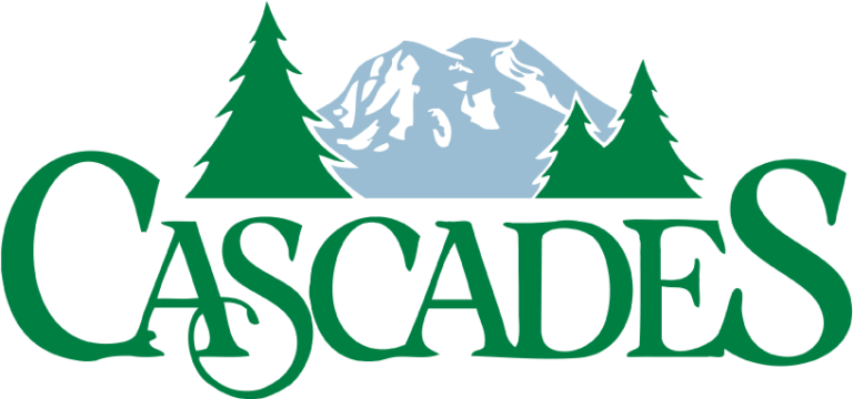 Cascades Camp logo: the word Cascades in green letters beneath evergreen trees and a snow-capped Mount Rainier.